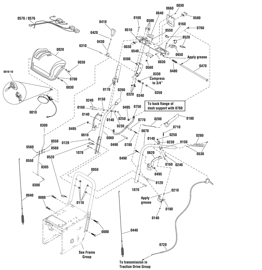 Handles And Controls Group Diagram and Parts List for 1696262-00 (18-2851-33-1371 Pro)(2012) Briggs and Stratton Snow Blower